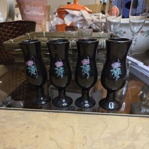 Vintage Tequila Rose black glass pedestal shot glasses. Set Of 4